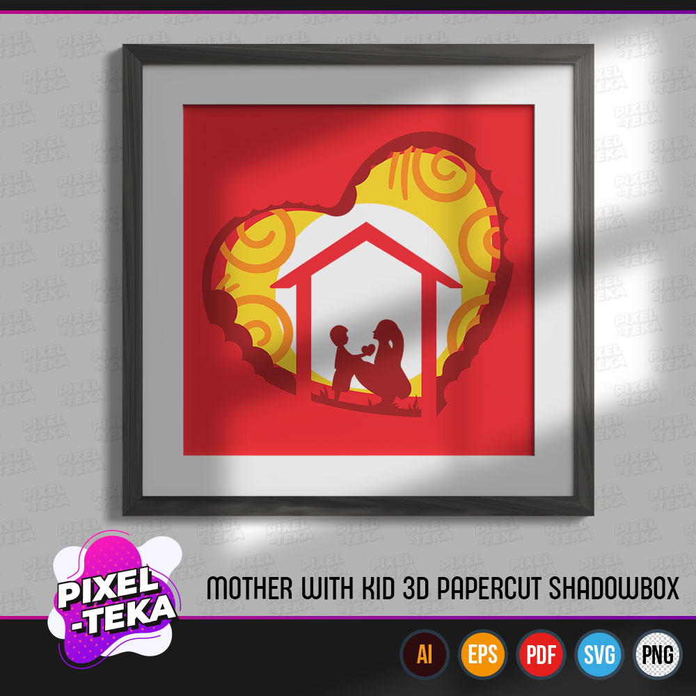 Mother with Kid 3D Papercut Shadowbox