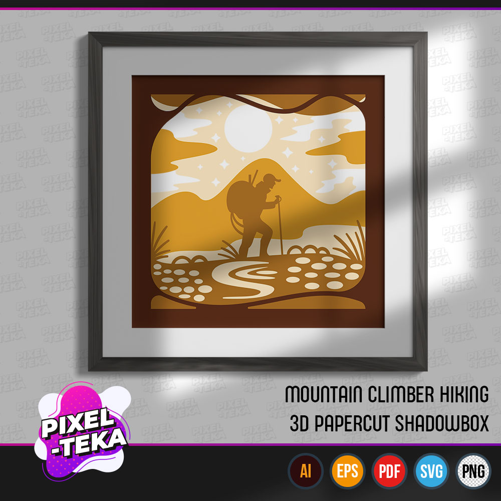 Mountain Climber Hiking 3D Papercut Shadowbox