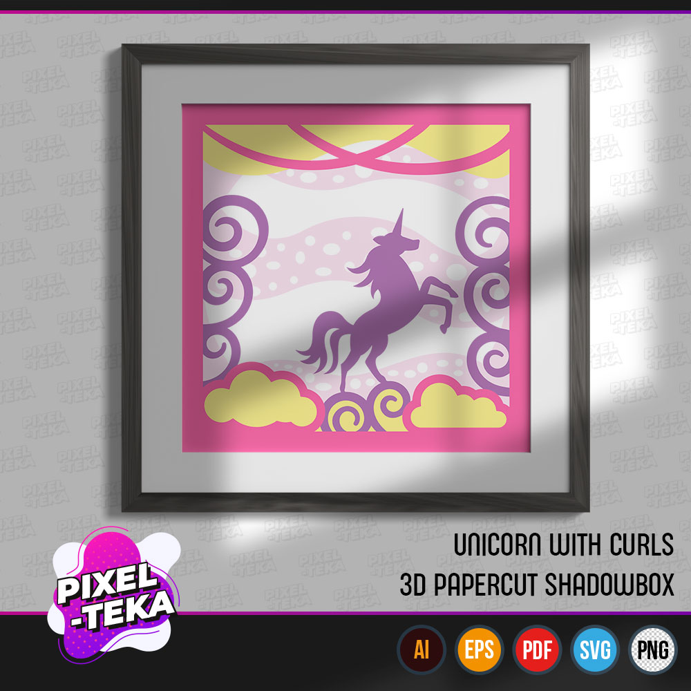 Unicorn with Curls 3D Papercut Shadowbox